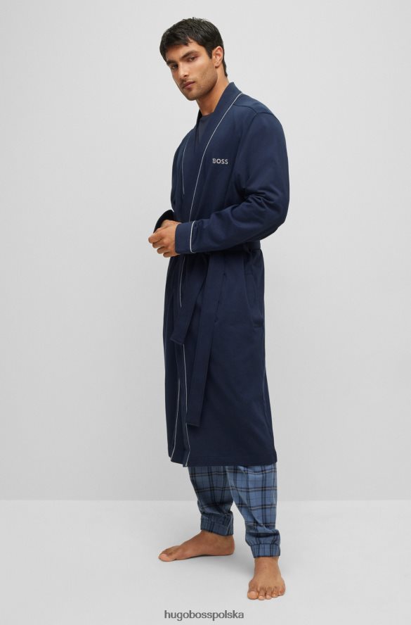 Hugo Boss Granatowy szlafrok hugo z bawełnianego dżerseju z logo i lamówką ciemny niebieski R0X0H61466