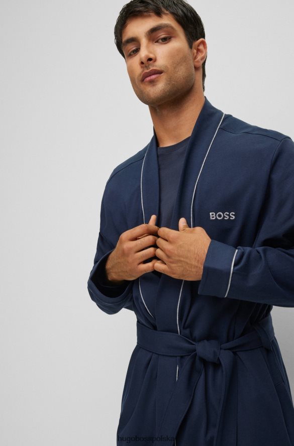 Hugo Boss Granatowy szlafrok hugo z bawełnianego dżerseju z logo i lamówką ciemny niebieski R0X0H61466